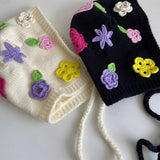 Daiiibabyyy Hand-woven Flowers Spring and Autumn Crochet Knitted Beanie Hat Sweet and Cute Ins Wool Hat Photo Concave Winter Warm Bomber Hat
