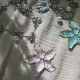 Daiiibabyyy  Y2K Pink Metal Starfish Flower Pendant Necklace for Women Men Luxury Imitation Pearl Beads Choker Clavicle Chain Trendy Jewelry