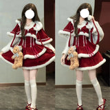 DAIIIBABYYY  -  Japan Kawaii Lolita Dress Sets Women Hooded Shawl Short Jackets Bow Mini Skirt Korean Style Sweet Red Christmas New Year Suit