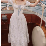 Daiiibabyyy  Floral Print Bow Wood ears Sqare Collar Puff Sleeve Long Dress Women Bandage Front Patchwork Body Swing Dresses Vestidos