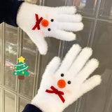 Daiiibabyyy  Winter Warm Sweet Bow Plush Gloves for Women Five-finger Gloves Cartoon Red Nose Snowman Mittens Girls Christmas Friend Gifts