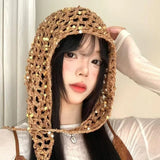 Daiiibabyyy  Fashion Sparkly Sequined Headscarf Headband Ins Style Versatile Knitted Triangle Scarf Y2K Hollow Beanies Headband Accessories