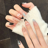 Daiiibabyyy  10pcs Handmade Press On Nails Pink Black French Fake Nails With 3D Floral Decor Wearable Almond Gradient Y2k False Nails Designs