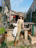 Daiiibabyyy  French Vintage Green Floral V-neck Small Flying Sleeves Long Dress for Women Summer Waist Slimming Sweet Sleeveless Beach Dress