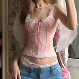 DAIIIBABYYY  -  Y2K Tie Up Lace Tank Top with Lace Patchwork Skinny Pink Square Collar Women Cropped Vest Chic Streetwear Fairy