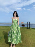 Daiiibabyyy  Suspender dress for women's summer beach vacation beach dress green flower high waisted long dress waist cinched suspender SFEV