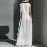 Daiiibabyyy  Summer New High Waist Commute Maxi Dress Fashion Color Blocked Lapel Sleeveless Robe Elegant Lady Hollow Out Pleated Linen Dress