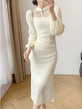 Daiiibabyyy  Autumn Winter Elegant Knitted Evening Party Dress Women Patchwork Vintage Casual Midi Dress Female Korean Style Clothing