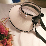 DAIIIBABYYY  -  New Vintage Pearl Empty Hat Bow Streamer Adjustable No Top Hat Holiday Simple Generous Sun Protection Beach Hat Women