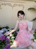 Daiiibabyyy  New Pink Romantic Floral Skirt Summer Slimming Solid Color Fashionable and Fresh Short Skirt Small Slim Strap Dress S6YW