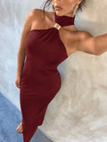 Daiiibabyyy  Women's Black One-Shoulder Choker Neck Bodycon Maxi Dress with Metal Accent