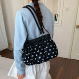 Daiiibabyyy  Polka Dot Ruched Shoulder Bag With Star Pendant Women Bow Decor Large Capacity Hobo Bag Retro Versatile Handbag For Daily Commut