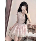 DAIIIBABYYY  -  French Sweet Girl Pink Lace Splicing Navy Collar Puff Dress Female Students New Waist Concealing Princess Short Dresses