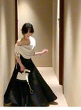 Daiiibabyyy  Princesscore Coquette Dress Women Black White Colorblock Bowknot Cowl Neck High Waist Slim Fit Maxi Dress Elegant Party Outfit