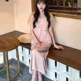 DAIIIBABYYY  -  French Satin Spliced Lace Polka Dot Dress For Women Summer Gentle Elegant Temperament Slim Style Mesh Long Dresses Show Waist