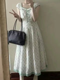 Daiiibabyyy  New French Vintage Fashion Green Sweet Dresses Women Chic Elegant Slim Summer Dress Harajuku Fashion Print Retro Lovely Outfits