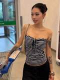Daiiibabyyy   American Retro Black White Striped Strapless Tank Top Women Summer Short Style Temperament Slim Fit Spicy Girl Top
