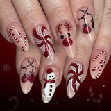 Daiiibabyyy  24Pcs Mid-length Almond Fake Nail Red Striped French Christmas Hat Press on False Nails Snowflake Wearable Full Cover Nails Tips