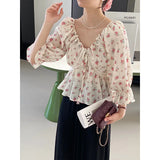 DAIIIBABYYY  -  Sweet Just V-neck Drawstring Floral Lace Shirt Women Gentle Lazy Wind Long Sleeve Top