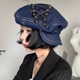 DAIIIBABYYY  -  Spring and Summer New Sweet Cool Babes Denim Flat Top Painter Hats for Women Retro Punk Style Niche Rivet Design Berets Cap Y2k