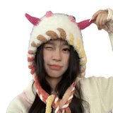 Daiiibabyyy  Women's Winter Hats Cute Funny Little Monster Knitted Hat Winter Plush Warm Woolen Hat With Straps Ear-protecting Lei Feng Hat
