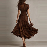 Daiiibabyyy  Collar solid color shirt dress, spring fashion casual short sleeved high waisted dress elegant commuting summer long skirt