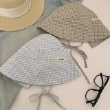 DAIIIBABYYY  -  New Korean Version of Literary Plaid Bucket Hat Women's Summer Sunscreen Big Brim Lace-up Dome Foldable Sun Cap Gorras