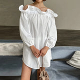 DAIIIBABYYY  -  New Ruffle Design Long Sleeved Women Dress Sexy Off Shoulder Loose Commuting Dress Simple Solid Color Spring Summer Shirt Dress
