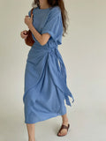 Daiiibabyyy  Women Linen Wrap Midi Dress Round Neck Short Sleeve Side Tie Ruched Irregular Hem Casual Vacation Dress