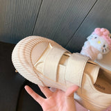 DAIIIBABYYY   -  Leather  Lazy Velcro all match small white shoes round head increase thick soled cookie shoes women Spring and autumn