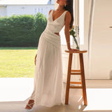Daiiibabyyy  Fashion Lady V-neck Robe Dress Simple Solid Color Hollow Backless Women's Dress New Summer Casual Sleeveless Pleated Long Dress