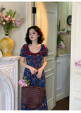 Daiiibabyyy  women's blue bubble sleeve floral dress women's summer sweet pinched waist floral  long dress