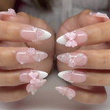 Daiiibabyyy  24Pcs Mid-length Almond Press on False Nails White Gradient Bow Star Love Heart Fake Nails Pearl Reusable Full Cover Nails Tips