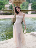 DAIIIBABYYY  -  Women Sleeveless Spaghetti Strap Solid Midi Dress Summer Elegant Slim Gauze Sweet Cute Fairy Korean Dresses