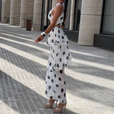 Daiiibabyyy  Women Elegant Luxury Slim 2Pc Suits Polka Dot Print Holiday Skirt Outfits Sexy Halter Sleeveless Top & Layered Ruffle Skirt Set