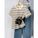 Daiiibabyyy  Summer Fre Sle Women's Striped ort Sve T-irt Korean Version Regular Cotton Comfortable oulder Length Top