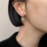 Daiiibabyyy  Shiny Zircon Snowflake Pendant Earrings for Women Exquisite Imitation Pearl Two Wear Earrings Party Charms Jewelry Accessories