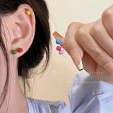 Daiiibabyyy  Colorful Glaze Bean Bean Earrings Women's Set Simple and Versatile Stud Earring Silver Needle Ear Piercing Ear Jewelry