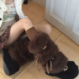 Daiiibabyyy  Punk Bow Tie Faux Rabbit Fur Leg Warmers Winter Warm Thickened Plush Leggings Socks Cold Protective Y2kBoot Cover  Socks