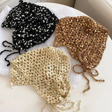 Daiiibabyyy  Fashion Sparkly Sequined Headscarf Headband Ins Style Versatile Knitted Triangle Scarf Y2K Hollow Beanies Headband Accessories