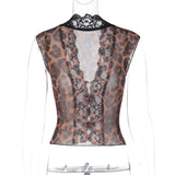Daiiibabyyy  Women Elegant Leopard Print Lace Top Fashion V-neck Sleeveless Single-breasted Slim Cropped Tops Summer Ladies Streetwear