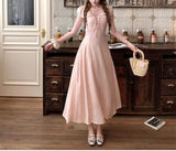 Daiiibabyyy  Women's Clothing French Style V-Neck Long Dress Stylish Drawstring Bow Summer Short Sleeve Vintage Elegant A-Line Waist Dresses