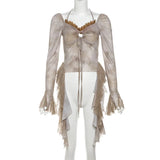 DAIIIBABYYY  -  New Women's Solid Color Slim Fit with Exposed Navel Fashion V-neck Hanging Neck Long Sleeved Top for Women