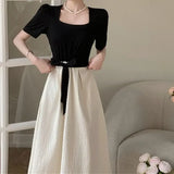 Daiiibabyyy  Women's Dress Elegant Waist-Cinching A-Line Midi Summer French Style Belly Covering Dress Spring Autumn Knee-Length