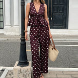 Daiiibabyyy  Women Casual Sleeveless Hight Waist Long Pant Sets Retro Polka Dot Summer Outfits Sexy Deep V-neck Tops & Wide Legger Pant Suit