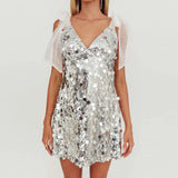 Daiiibabyyy  Shiny Sequins Sleeveless Slim Fit Women's Dress Sexy Backless Summer Mini Dresses Low Cut V Neck Mesh Suspender Club Party Dress