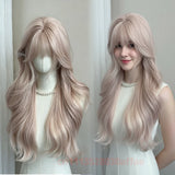 Daiiibabyyy  Long Wavy Pink Synthetic Wig with Bangs For Women Daily Wear Lolita Cosplay Heat-Resistant Natural For Women party Daily Use