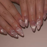 Daiiibabyyy  24Pcs Mid-length French Almond Fake Nail Cat's Eye 3D Bow Design Press on Nails Tips Red Smudge Wearable Full Cover False Nails