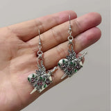 Daiiibabyyy  Gothic Retro Silver Color Sword Relief Rose Flower-shaped  Heart Pendant Dangle Earrings for Women Halloween Earrings Jewelry