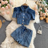 Daiiibabyyy  American Retro Denim Sets for Women Polo Collar Hollow Out Tops+High Waist Bandage Hot Shorts Girls Two-piece Set